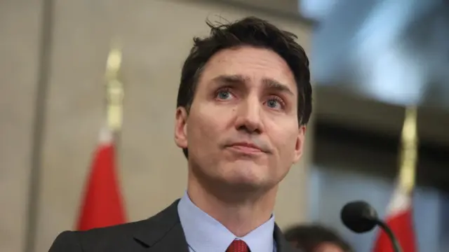 Justin Trudeau wears a suit behind a podium with a microphone.