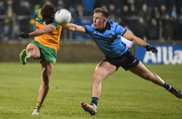 Donegal's Dáire Ó Baoille in action against Dublin's Seán Bugler