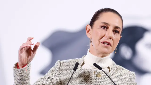 Mexican President Claudia Sheinbaum participates during a morning press conference at the National Palace in Mexico City