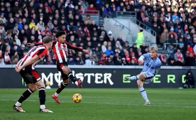 Tottenham Hotspur's Lucas Bergvall shoots at goal