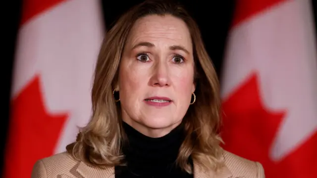 Canada's Ambassador to the US Kirsten Hillman speaking in front of a Canadian flag