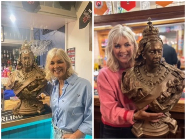 Composite of Becky Want with the Queen Victoria bust at two pubs. Becky is looking at the camera and smiling in both images.