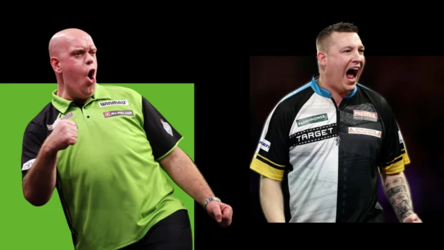 A graphic of Michael van Gerwen and Chris Dobey