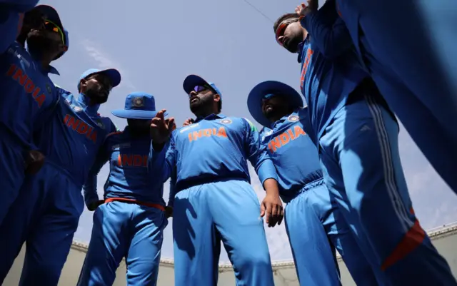 Rohit Sharma gives a team talk to India's players