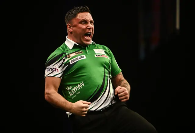 Gerwyn Price celebrates beating Luke Littler