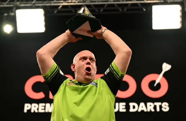 Michael van Gerwen celebrates winning the 2023 Premier League Darts