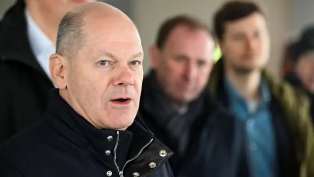 German Chancellor Olaf Scholz speaks to the media as he visits the Lloyd shipyard in Bremerhaven, Germany, February 20, 2025.