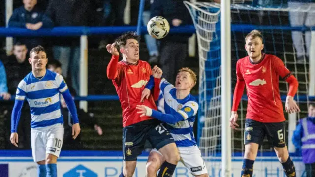 Falkirk's Keelan Adams (L) and Greenock Morton's Owen Moffat in action during a William Hill Championship match between Greenock Morton and Falkirk at Cappielow Park, on February 21, 2025, in Greenock, Scotland. (Photo by Mark Scates / SNS Group)