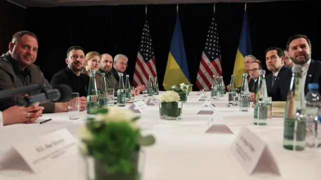 Left, Zelensky and Yermak are among Ukrainians sitting on one side of the table, while on the right sit Vance and Rubio among others