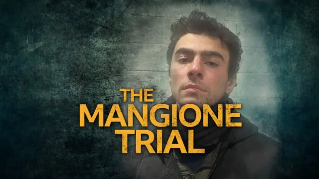 Yellow text which reads The Mangione Trial with a photo of Luigi Mangione