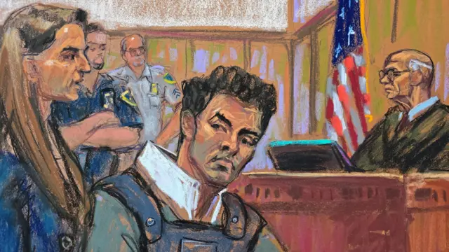 Luigi Mangione, the suspect in the killing of UnitedHealth Group chief executive Brian Thompson, sits next to defense attorney Karen Friedman Agnifilo, during his hearing in Manhattan Supreme Court on New York state murder and terrorism charges in New York City, U.S., February 21, 2025 in this courtroom sketch. REUTERS/Jane Rosenberg