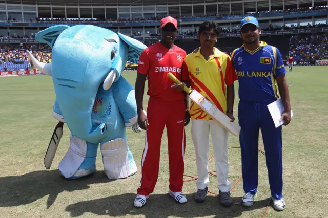 Kumar Sangakkara captain of Sri Lanka and Elton Chigumbura captain of Zimbawe pose with the mascot 'Stumpy' before the Sri Lanka v Zimbabwe 2011 ICC World Cup Group A match