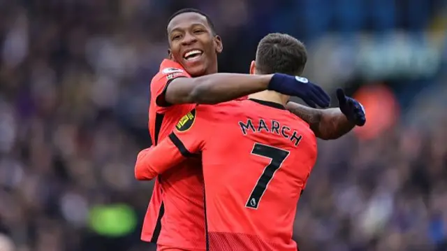 Pervis Estupinan of Brighton &amp; Hove Albion celebrates his team's second goal with Solly March