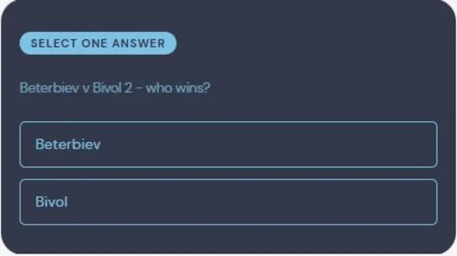 A screenshot of a vote on the BBC Sport website asking who wins between Artur Beterbiev and Dmitry Bivol