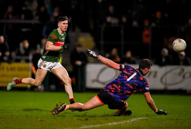 Davitt Neary fires Mayo's second-half goal past Ethan Rafferty