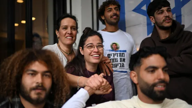 Description Families and supporters react as they celebrate the release of Omer Wenkert, a hostage who was held in Gaza since the deadly October 7, 2023 attack, on the day of the release of six hostages from captivity in Gaza as part of a hostages-prisoners swap and a ceasefire deal between Hamas and Israel, in Gedera, Israel