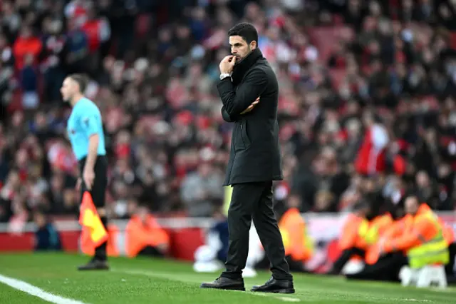 Mikel Arteta, Manager of Arsenal, reacts