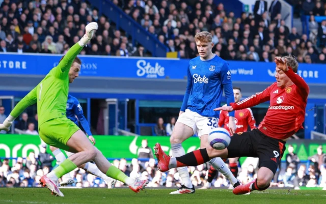 Manchester United's Rasmus Hojlund in action with Everton's Jordan Pickford