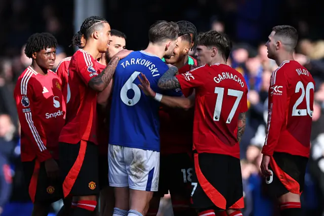 James Tarkowski of Everton has a disagreement with Casemiro