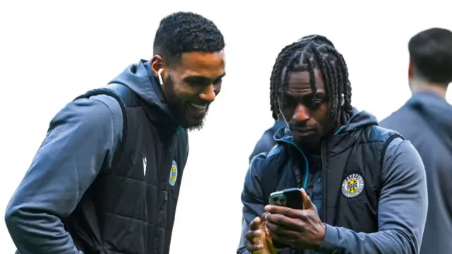 St Mirren's Jonah Ayunga and Toyosi Olusanya during a William Hill Premiership match between Rangers and St Mirren at Ibrox Stadium, on February 22, 2025, in Glasgow, Scotland.  (Photo by Rob Casey / SNS Group)