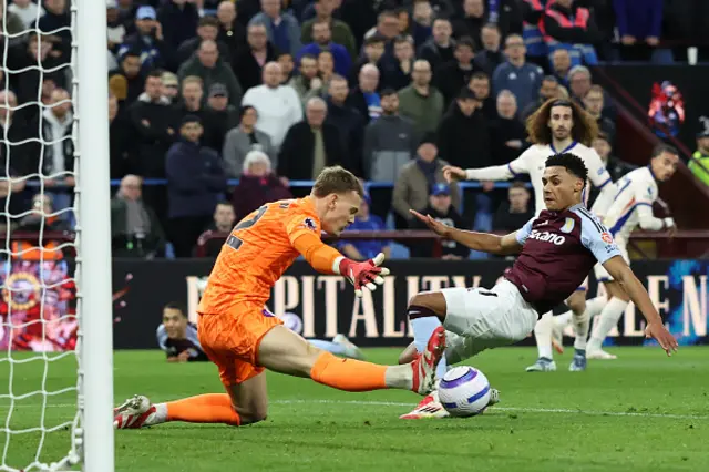 Filip Jorgensen (L) saves this attempt from Aston Villa's English striker #11 Ollie Watkins