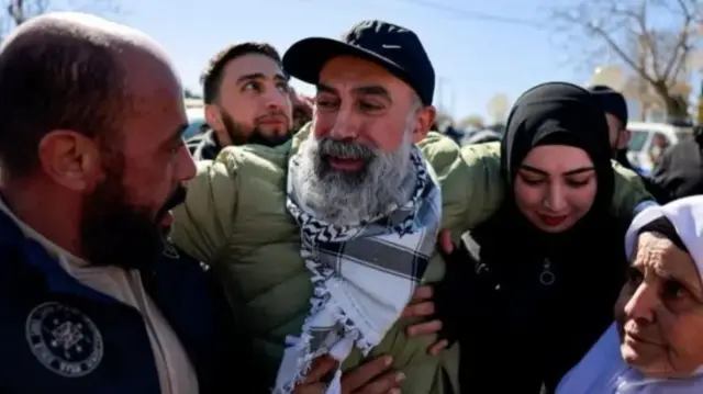 A Palestinian man who was held in an Israeli jail greets his family and friends in the West Bank following his release.