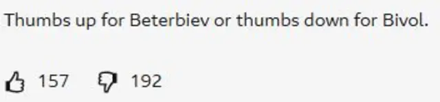 A vote on the BBC website under the message 'Thumbs up for Beterbiev or thumbs down for Bivol.'