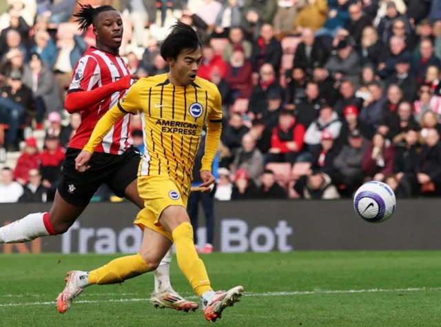 Brighton & Hove Albion's Kaoru Mitoma scores their third goal