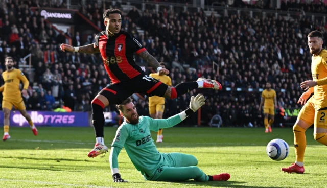 AFC Bournemouth's Justin Kluivert in action Wolverhampton Wanderers' Jose Sa