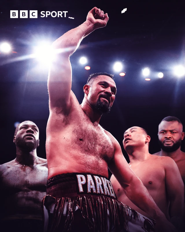 Joseph Parker celebrates his win with defeated opponents Wilder, Zhang and Bakole behind him