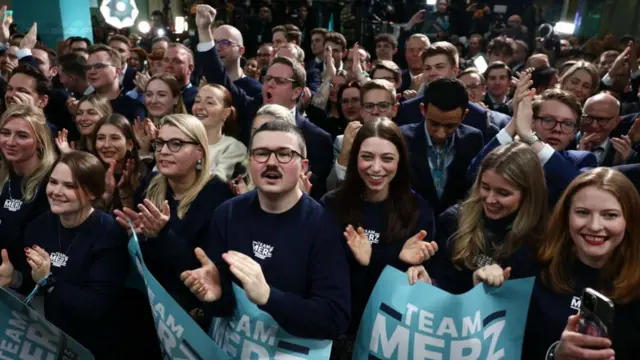 Supporters of Friederich Mertz react with joy at exit polls