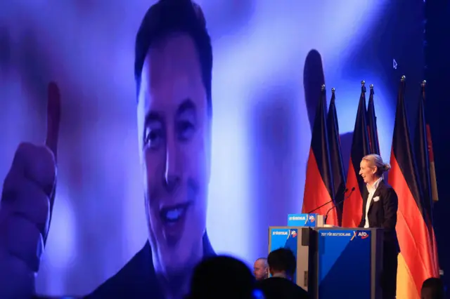 Elon Musk, chief executive officer of Tesla Inc., speaks virtually alongside Alice Weidel, co-leader of Alternative for Germany (AfD),