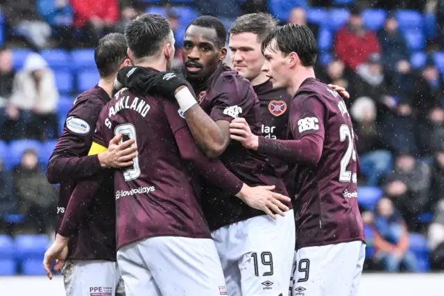 Hearts celebrate Elton Kabangu's opening goal in Perth
