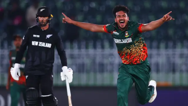 Taskin Ahmed celebrates the wicket of Will Young