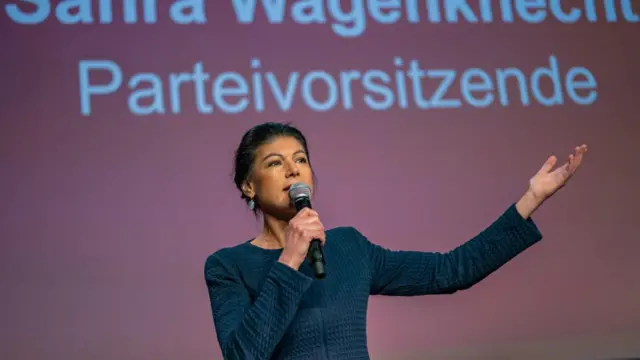 BSW party chairwoman and top candidate Sahra Wagenknecht speaks during the Sahra Wagenknecht Alliance (BSW) election event in Berlin