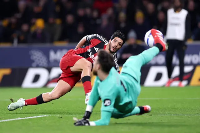 Raul Jimenez of Fulham shoots, which is saved by Jose Sa