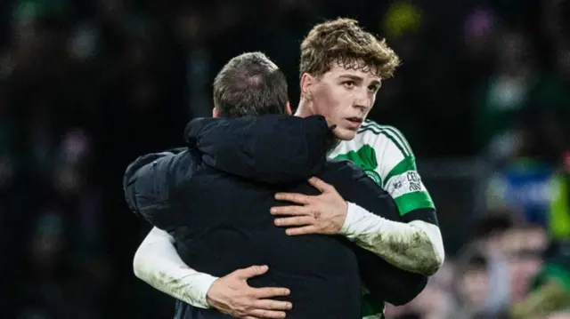 Celtic manager Brendan Rodgers (L) with Arne Engels during a William Hill Premiership match between Celtic and Aberdeen at Celtic Park, on February 25, 2025, in Glasgow, Scotland.  (Photo by Craig Williamson / SNS Group)