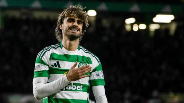 Celtic's Jota celebrates scoring to make it 2-0 during a William Hill Premiership match between Celtic and Aberdeen at Celtic Park, on February 25, 2025, in Glasgow, Scotland.  (Photo by Alan Harvey / SNS Group)