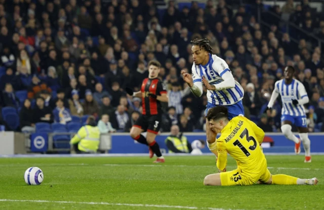 AFC Bournemouth's Kepa Arrizabalaga fouls Brighton & Hove Albion's Joao Pedro to concede a penalty