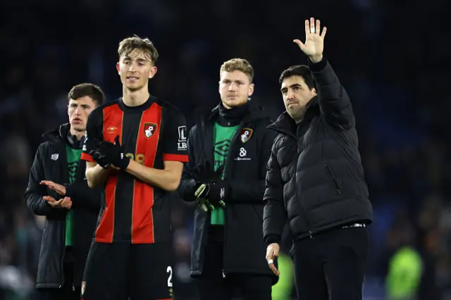 Andoni Iraola, Manager of AFC Bournemouth, acknowledges the fans