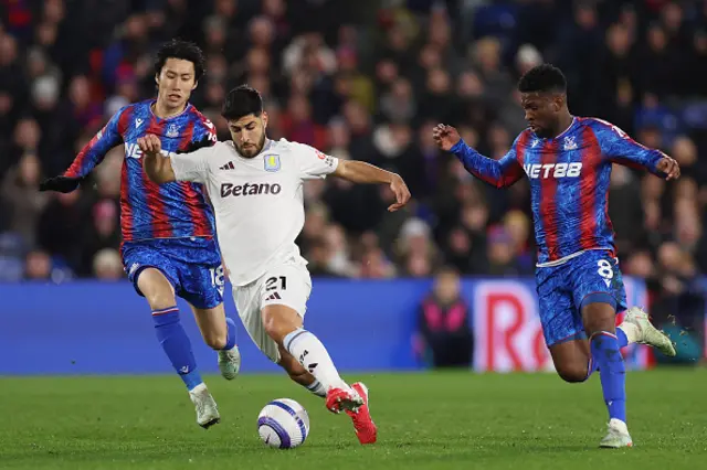 Marco Asensio of Aston Villa runs with the ball whilst under pressure from Daichi Kamada and Jefferson Lerma