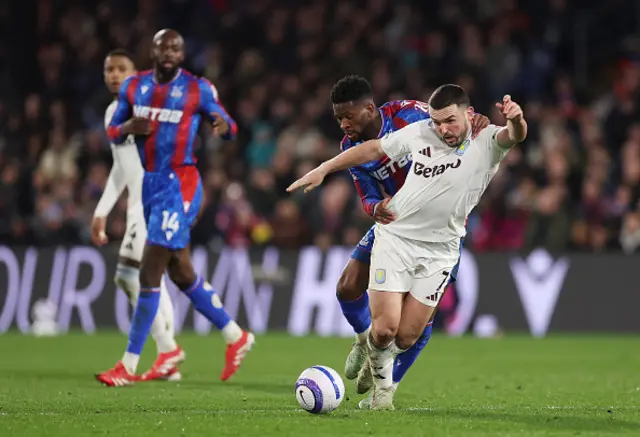 John McGinn of Aston Villa is challenged by Jefferson Lerma