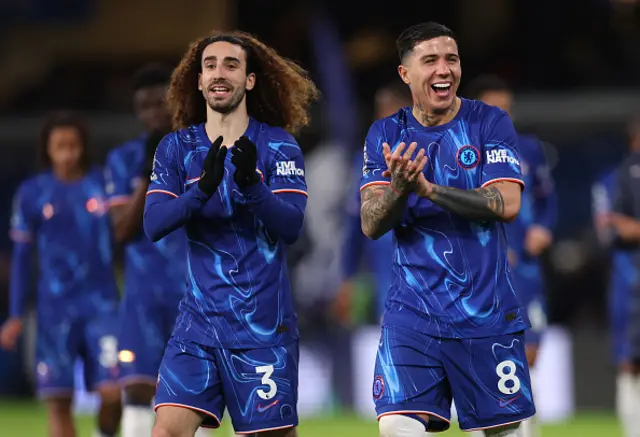 Enzo Fernandez and Marc Cucurella of Chelsea are seen smiling