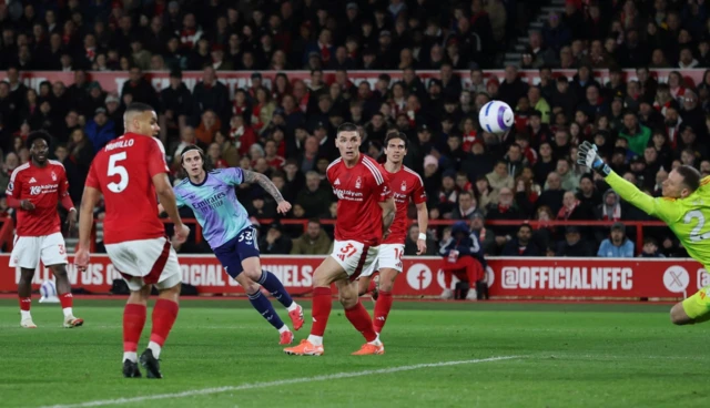 Arsenal's Riccardo Calafiori shoots at goal