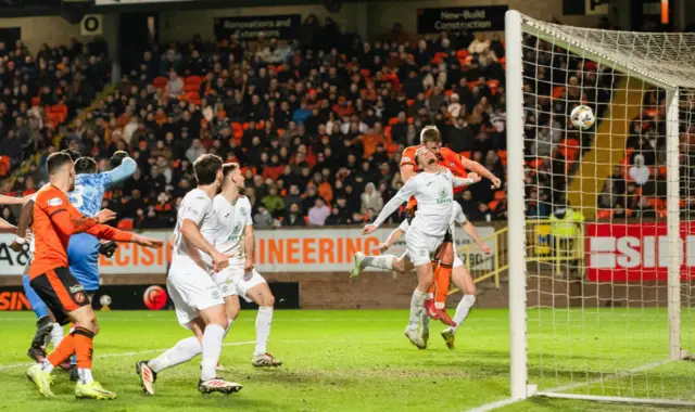 Dundee United's Sam Dalby scores before his goal is ruled out following a lengthy VAR check during a William Hill Premiership match between Dundee United and Hibernian at the Calforth Construction Arena at Tannadice