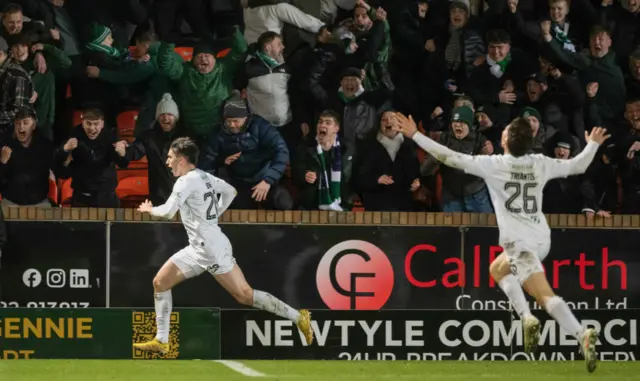 Hibernian's Kieron Bowie celebrates after scoring to make it 2-1 during a William Hill Premiership match between Dundee United and Hibernian at the Calforth Construction Arena at Tannadice