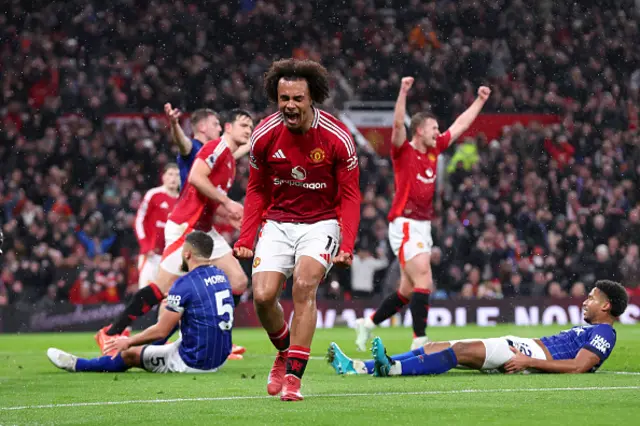 Joshua Zirkzee of Manchester United celebrates after Sam Morsy of Ipswich Town scores a own goal