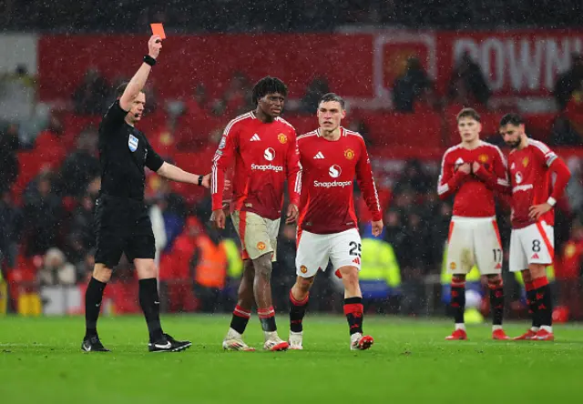 Patrick Chinazaekpere Dorgu of Manchester United is shown a red card