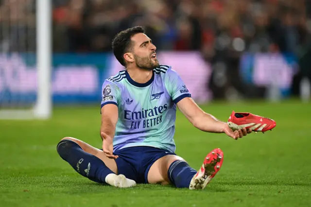 Mikel Merino of Arsenal gestures after losing his boot