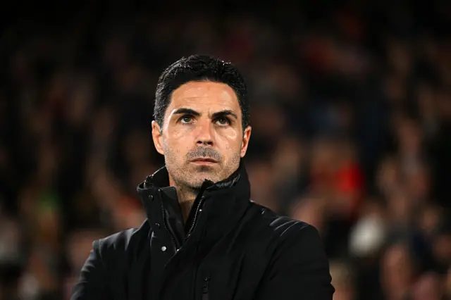 Mikel Arteta, Manager of Arsenal, looks on